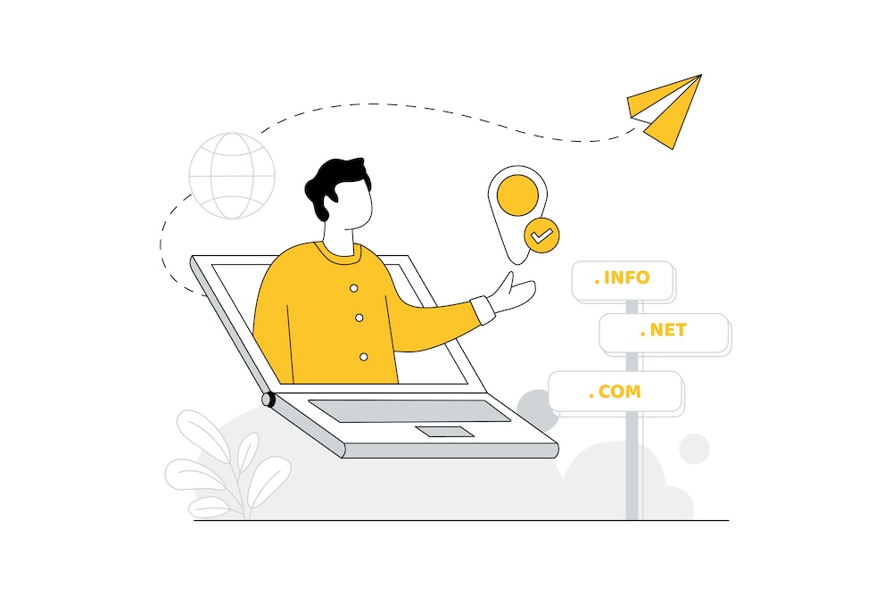 Illustration of a man emerging from a laptop screen, catching a paper airplane, with icons representing different web domains and SEO floating nearby.