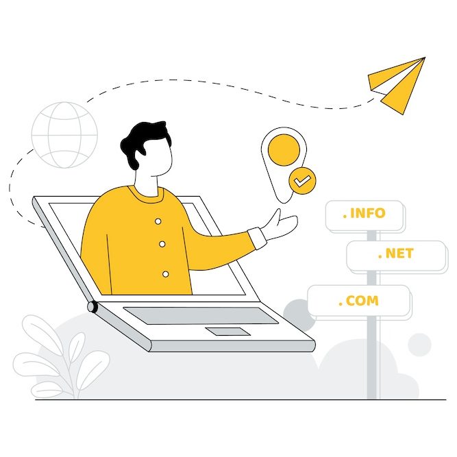 Illustration of a man emerging from a laptop screen, catching a paper airplane, with icons representing different web domains and SEO floating nearby.