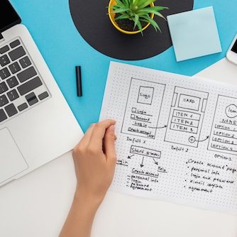 A person sketches a website wireframe on graph paper at a desk with a laptop, a smartphone, a pen, and sticky notes. A small green plant adds a touch of nature to this home office setup.